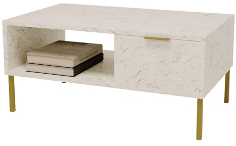 CraftPAK Wohnzimmer Tisch für Couch aus hochwertigem Holz, Stabiler & moderner Couchtisch mit Stauraum und zusätzlicher Ablagefläche, Farbe Weiß - Marmor