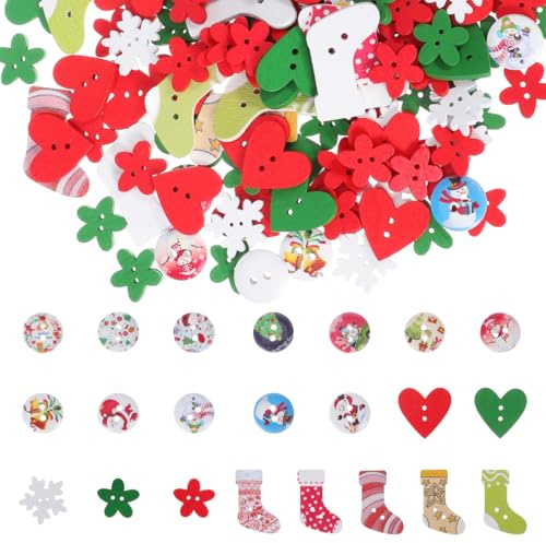 OATIPHO Holzknöpfe Weihnachten Cartoon 120 Stück Gemischte Größen Diy Bastelknöpfe Für Nähen Stricken Scrapbooking Dekoration