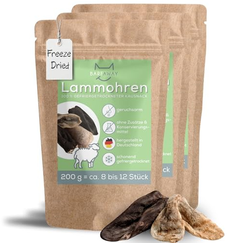 BARFAWAY Lammohren, gefriergetrockneter Kausnack mit Fell für Hunde, 100% natürlich ohne Zusätze, Deutsche Herstellung, geruchsneutral, 3er Pack (3 x 200 g)