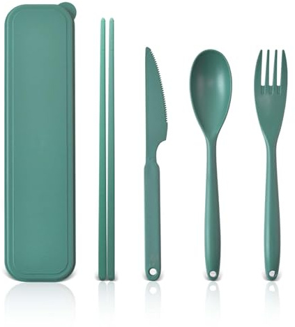 Large Travel Cutlery Set with Case, Reusable Plastic Cutlery for Adults Lunch Accessories, Portable Camping Travel Utensil with Chopsticks for Daily Use (Green)