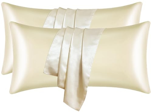 UQQU 2er Set Satin Kissenbezug für Haar und Haut, 40 x 80cm Kissenbezüge, Standardgröße, Superweicher Kissenbezug, Bessere Pflege als SeidenKissenbezug(Beige)