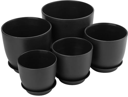 MOUYAT 5PCS Plastic Plant Pots, 18cm, 15.5cm, 14cm, 12.5cm, 11.5cm Black Indoor Plant Pot Set with Drainage Holds and Trays, Plastic Flower Pots for Decoration