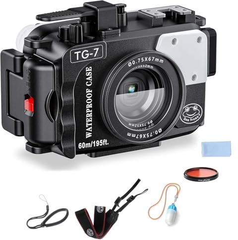 Boîtier étanche Seafrogs 60 m/195 Pieds pour Appareil Photo sous-Marin Olympus TG-7 – Boîtier étanche avec Filetage 52 mm et 67 mm, Deux Ports à Fibre Optique, détection de Fuite (TG-7-Noir)