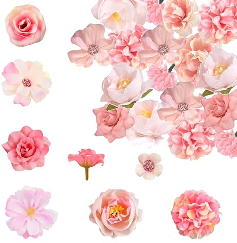 YREYBN 20 Flowers, Fake Flowers, Dried Flowers, Flower, Fake Flowers Heads Bulk Mix Small Artificial Silk Flowers Heads For Craft Diy Wreath Gift Wedding Party Cake Home Garden Decoration Pink