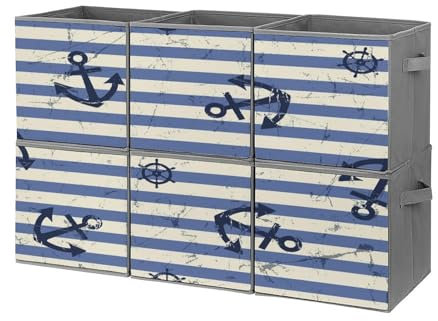 Contenitori pieghevoli da 27,9 cm, con motivo nautico a forma di ancora e timone, in tessuto, con manici, per vestiti, coperte, giocattoli, per casa e ufficio, confezione da 6