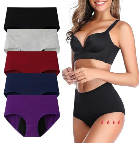 Lohhbve 5 Pack Heavy Flow Absorbent Period Panties for Women Mid-High Waisted Menstrual Leakproof Knickers Postpartum Brief Underwear