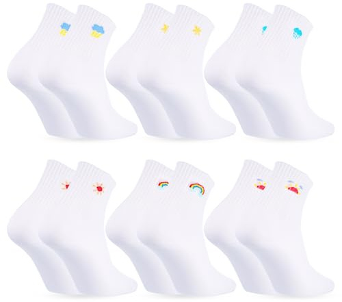 Starvortex 6 Paires Chaussettes Blanches Femme, Chaussettes Femme avec des Motifs Mignons de Météo, Chaussettes Coton Femme 3D à 360 Degrés, Chaussette Sport Femme Ergonomique, Chaussette Tennis