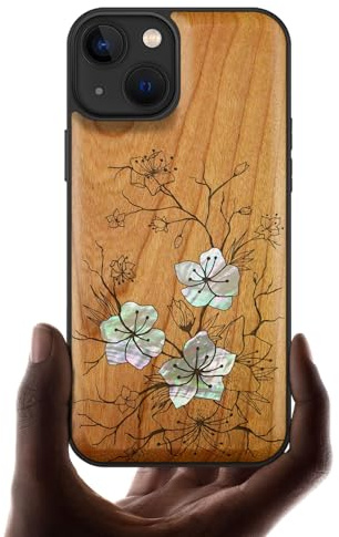 Carveit Étui pour iPhone 13 Coque, (Cerise-Chuchotant Fleurit) | Protection Magnétique Case [Bois et Incrustation de Coquille] Etui Compatible Magsafe avec iPhone 13 Cover