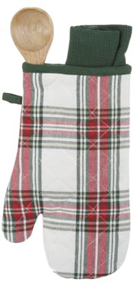 Set tartan bianco natalizio guanto, strofinaccio e cucchiaio