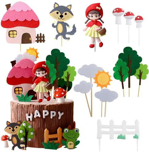 SJUNJIE 14 Pcs Little Red Riding Hood Girl Cake Decorations - Mushroom House, Big Bad Wolf, Trees, Clouds & Sun - Baby Shower, Birthday & Party Cake Toppers - Red &