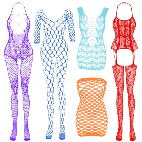 Dam fisknät bodys underkläder nattkläder spets strumpor blommor för romantiska datum bär sexiga underkläder (5-pack), Ljus färg, Einheitsgröße
