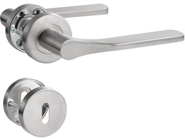 SORWDUERM Poignée de porte noire en acier inoxydable mat brossé - Poignée de porte pour porte d'entrée et porte intérieure - En forme de L - Rosace ronde - Cylindre profilé