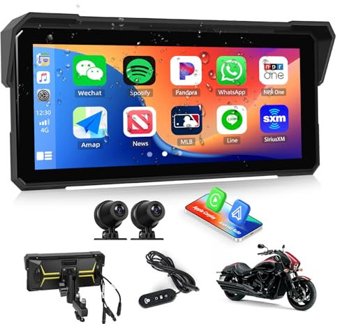 CAMECHO Motorrad CarPlay mit Dual-Kameras, 8.1“ Wireless CarPlay & Android Auto IPS68 Bildschirm, Motorrad navi Unterstützung Bluetooth/Mirror-Link/Bluetooth/EQ/Druckdetektion