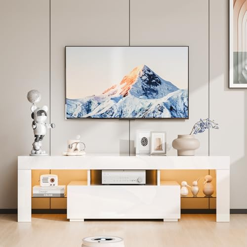 Bonnlo Meuble TV avec LED, Banc TV, Noire, Meuble TV avec Rangement, Meuble télé pour Salon, Chambre, 130 x 35 x 45cm (Blanc)
