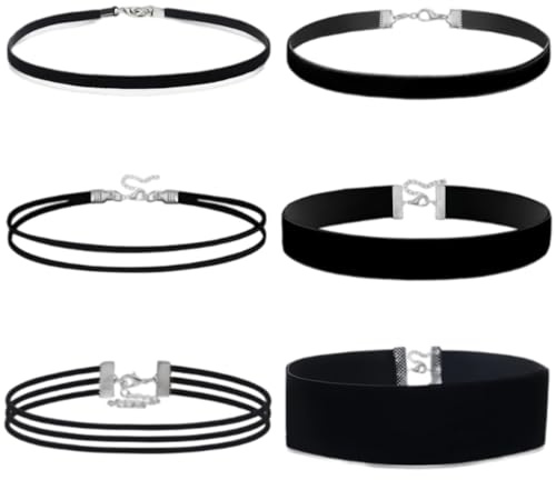 HORREX 6 Stücke Choker Kette Damen Schwarz Velvet Halsband Damen Choker Schwarz Choker-Halsketten Kette Halskette set Verstellbare Klassische Kropfband Schmuck Halsband