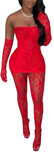 Mojessy Sexy 2 Piece Outfits for Women Clubwear Lace Tube Mini Dress Top with Stockings Set Birthday Outfits Red L
