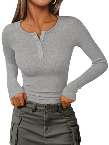IEEILULU Langarm-Strick-Oberteile Damen gerippt Henley Shirts V Hals Button Down Blusen Damen Casual Slim Fit Basic Tunika Grau M