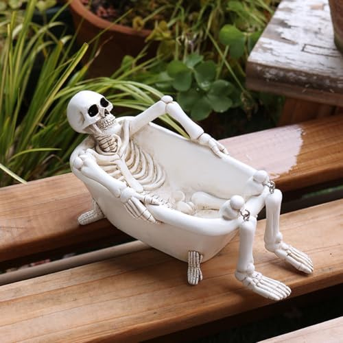 Halloween Deko Skelett Figuren, Halloween Gartendeko für Draußen Skelett Badewanne Garten Statue, Lustige Skelett Blumentöpfe für Sukkulenten, Harz Schädel Deko Skulpturen für Garten Innen Außen