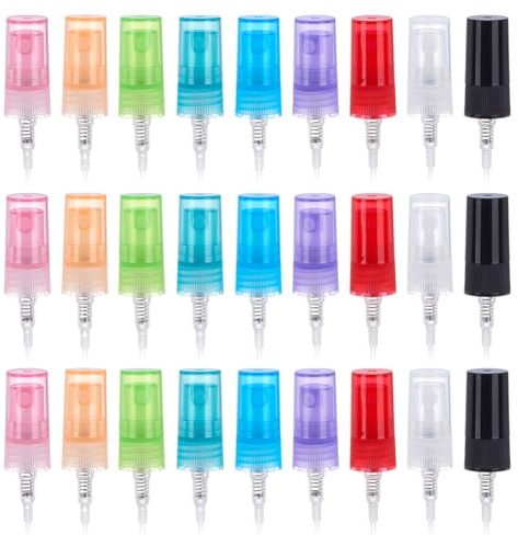 WEBEEDY 27Pcs 9 Colors Essential Oil Spray Bottle Tops Protable Replacement Pump Nozzle PP Fine Mist Sprayer Head with Clear Cover for Cosmetic Perfume Skincare Yoga Travel Use Gift