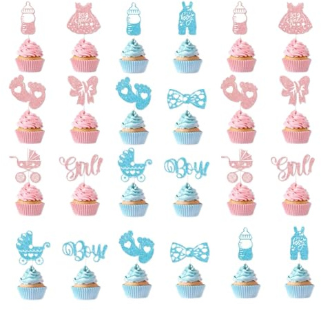 24 Stück Gender Reveal Tortendeko Babyparty,Gender Tortendeko Party Deko,Baby Boy or Girl Deko Kuchen, Shower Cupcake Topper,Tortenstecker decorations für Taufe