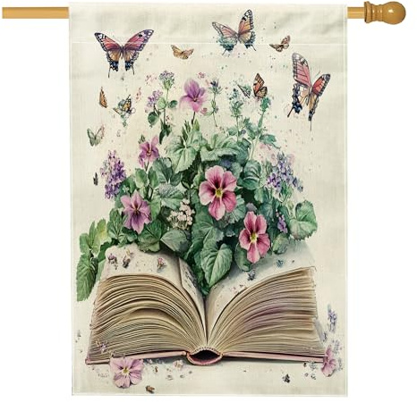 Banderas de geranio de primavera de 28 x 40 pulgadas de doble cara para exteriores, libros divertidos, flores, mariposas, lino, verticales, banderas para el hogar, bandera floral para patio delantero
