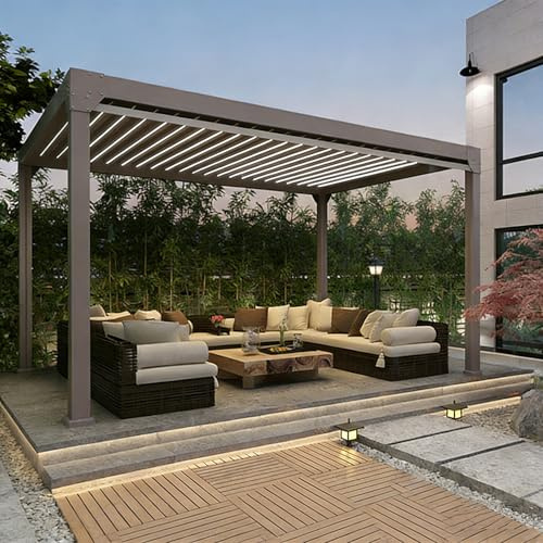 Pavillon Pergola Überdachung für Garten&Terrasse mit Lamellen Dach verstellbar stabil&wetterfest Voll-Aluminium Grillpavillon-Pergola Lamellen-Pavillon wasserdicht (Braun, 3X4M)