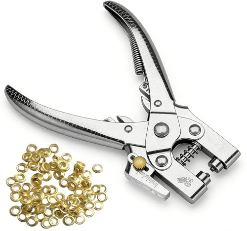 Eyelet Punch Kit 4.8mm with Pliers and Eyelets – 100 Pcs Gold Eyelets - Single Leather Hole Punch and Grommet Tool Set - Leather Belt Hole Puncher Tool for Clothes, Shoes & Bags