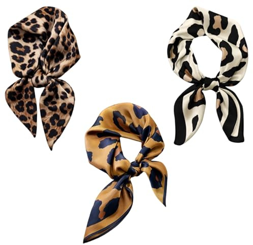 3 Stück Seidentuch Damen, 70x70 cm, Polyester-Material, Halstücher für Damen, Leopard Print Seide Halstuch Damen, Retro Leopardenmuster Seidenschals, Vielseitige Accessoires für Eleganz und Stil