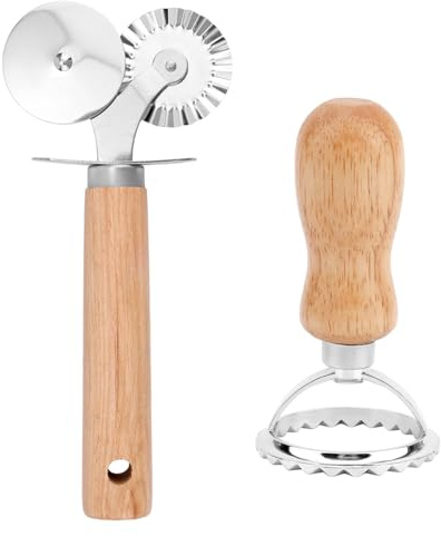 Dual-Wheel Pastry Cutter & Ravioli Press, Pasta Cutter Wheel with Wooden Handle & Fluted Edge Stainless Steel Kitchen Baking Tool for Ravioli Dumpling Lasagna Pizza Cookies Pie Dough