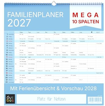 6vibes Familienplaner 2027 XXL mit 10 Spalten, Wandkalender für Großfamilien, Bunt, Spiralbindung, Monatlich, 42x42 cm, Papier
