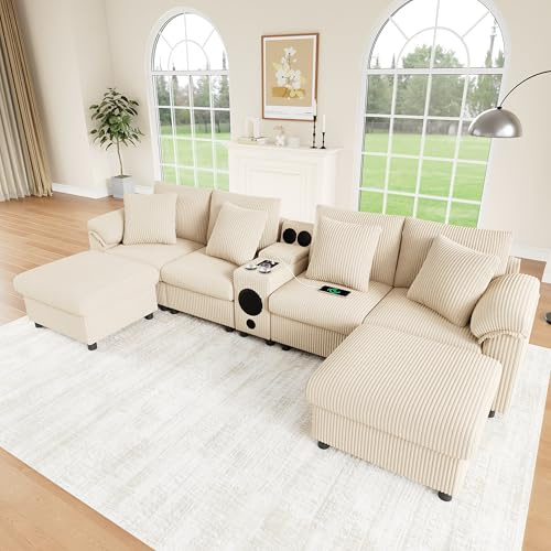 Ktipm Sofa 4 Plazas Modular en Forma de U con Altavoz Bluetooth y USB, Sofas de Salon Cheslong con Carga Inalámbrica y Almacenaje Abatible, Sofá de Pana con Portavasos, 315.5x144x84.5 cm, Beige