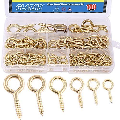 Glarks Set di 100 ganci a vite in ottone placcato in ottone a forma di occhiello, 6 misure, assortito