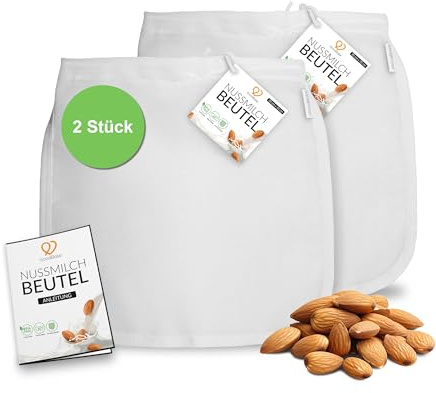 GoodBake Set di 2 sacchetti per latte di mandorle vegano, latte di nocciola, panno a maglia fine, panno filtrante per frullati e caffè (30 x 30 cm)