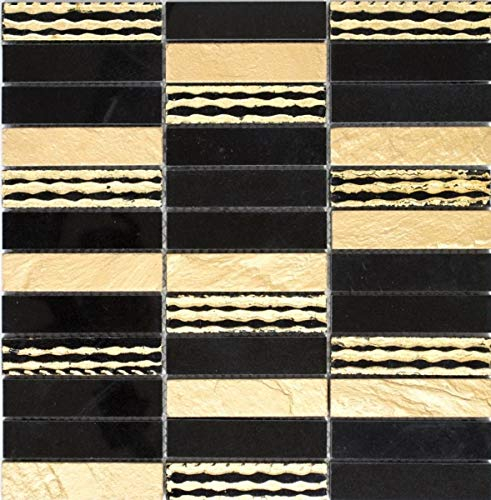 Marmor Mosaik Fliese Naturstein Rechteck Riemchen Carving gold schwarz Bad - MOS40-STN79