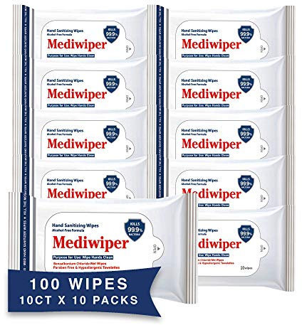 Mediwiper 10 Count Alcohol-Free Sanitizing Wipes, Hand Sanitizer, Disinfecting Large Unscented Wet Wipes Bulk (100 Wipes (10ct*10pk))