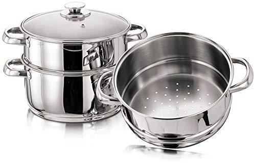 22 cm Euro Steamer Cookware Set with Glass Lid & Handles Stainless Steel Pan 3 Tier Pot CAPSULATED Bottom Prima Kitchen Home Cook Chef Healthy Veg Cooking Housewarming Gifts UK Free P&P