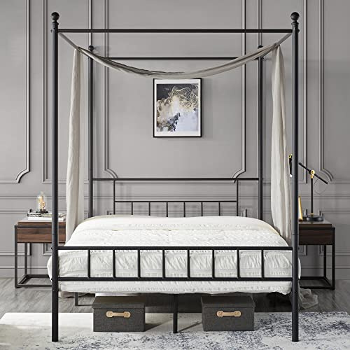 Yaheetech Metal Canopy Platform Bed Frame Four-Poster Canopied Bed Mattress Foundation with Headboard and Footboard Sturdy Slatted Structure No Box Spring Needed Easy Assembly Queen Black