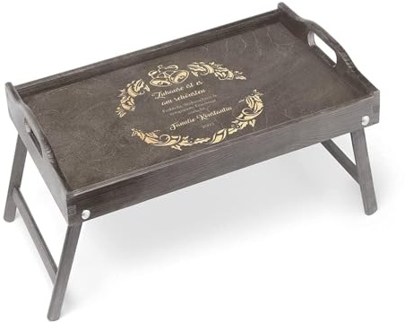 Maverton Betttablett mit Gravur - personalisiert - Sofatisch mit Griffen - klappbar - erhöhter Rand - zu Weihnachten - Grau - Glocken