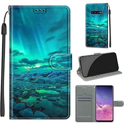 Funda para Samsung Galaxy S10, Aurora Verde | Ranura Tarjeta, Flip Folio, Magnético, Función de Soporte, Cuero Protección Carcasa