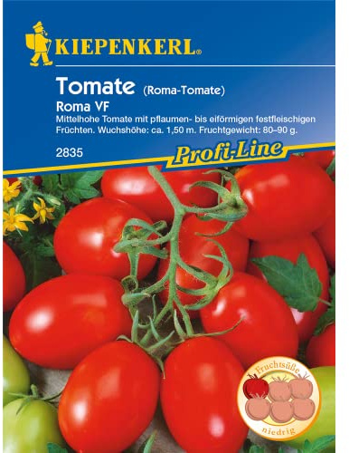 Kiepenkerl 2833 Salat-Tomate Roma VF (Eiertomate), mittelhohe mittelspätreifende Tomate die pflaumen- bis eiförmige festfleischige Früchte trägt, widerstandsfähig