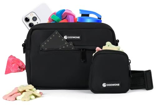COOWONE Dog Treat Pouch with Removable Small Pet Training Treat Pouches, Built-in Poop Bag Dispenser, Adjustable Shoulder Strap Cross Body Dog Walking Bag (Black)