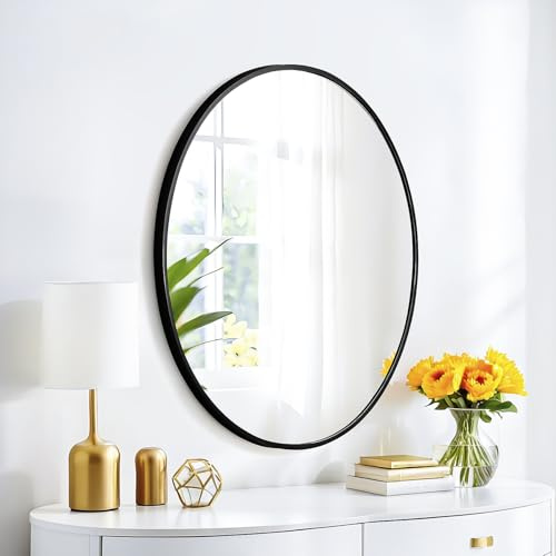 SCWF-GZ 20x30 Oval Mirror Round Full Length Wall Mounted Hanging or Against Wall Aluminum Alloy Metal Frame Dressing Make-up Mirrors for Entryway Bedroom Bathroom Living Room 30 20 inch Black