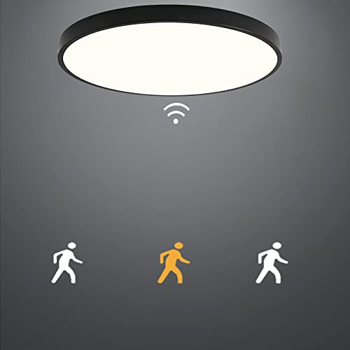 WYQSX Plafonnier à LED avec détecteur de mouvement 24W 3000K Blanc chaud Ultraslim 40cm Intérieur Noir Détecteur de mouvement Plafonnier Moderne Rond en Laiton Plafonniers pour Garage Escalier (40CM)