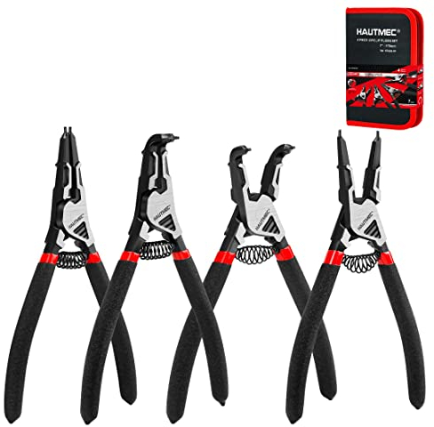 HAUTMEC 4PCS High Leverage Snap Ring Pliers Set, 7 inches Internal/External Circlip Pliers, Heavy Duty Snap Ring Pliers, C Clip Pliers with Spring Loaded HT0280-UK