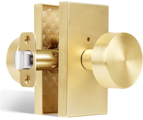 HIEMEY Privacy Gold Door Knob Interior, Satin Brass Door Knobs with Lock, Modern Round Door Handles for Bedroom Bathroom,Rectangle Rosette | Modern Round Door Knobs Door Handles for Bedroom Bathroom Rectangle