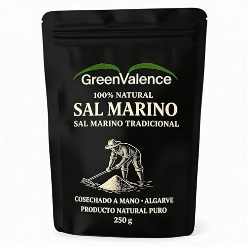 GreenValence Sal Marinho Tradicional – 100% Natürliches grobes Meersalz aus der Algarve, Handgeerntet, Unraffiniert, Reich an Mineralien, Ohne Zusätze, Premium Gourmet Salz für Küche & Grill (250g)