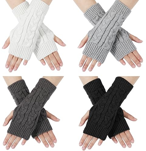 TAGVO Gants Demi Doigt Femme 4 Paires, Sans Doigts Avec Trou de Pouce, Mitaines Poignet Tricotés, Chauds d'Hiver Pour Sports de Plein Air, Travail, Loisir, Cadeau