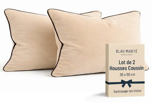 Blau Marité Kissenbezüge 30x50 cm – 2er Set aus weichem Samt – Dekokissen mit kontrastierendem Rand – Beige & Braun – Ohne Füllung