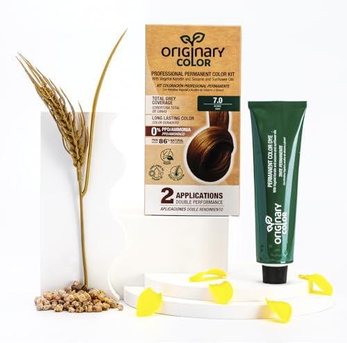 Originary Color - Kit de Coloración Profesional Permanente, Color 7-0 Rubio Medio 100 ml + Crema Oxidante 100 ml + Champú 30 ml | Fórmula sin amoniaco y sin PPD.