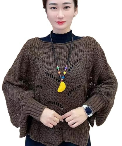 bellv Strickschal mit Fledermausärmeln, Fledermausärmel, unregelmäßiger Saum, Zopfstrick, Baggy, lässiger Pullover, grob, einfarbig, für Damen, Winterstrickwaren, unregelmäßiger Umhang, Kaffeebraun